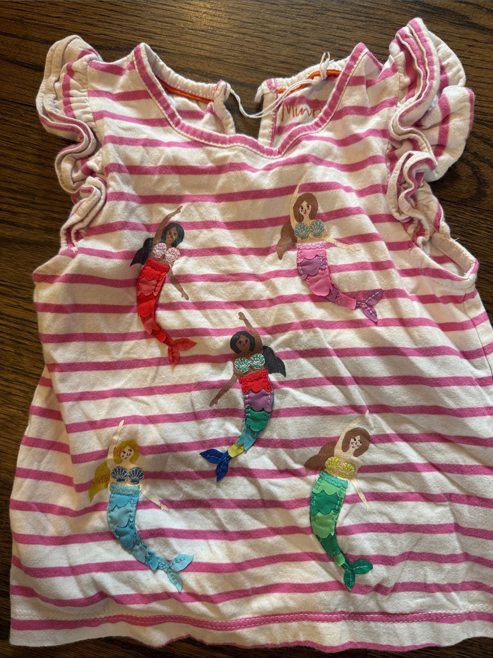 Mini Boden Girls Pink and White Striped Mermaid Appliqué Top